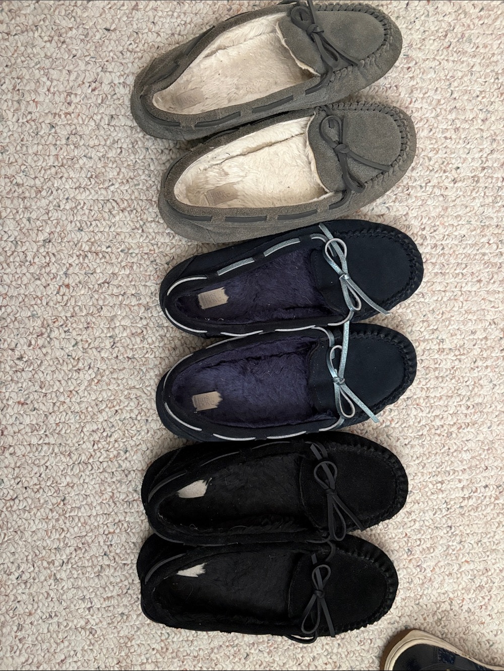 3/$12 Cozy Moccasin Slippers in Gray, Navy, and Black
